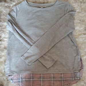 LOFT Gray Long Sleeve with Pink Plaid Hem